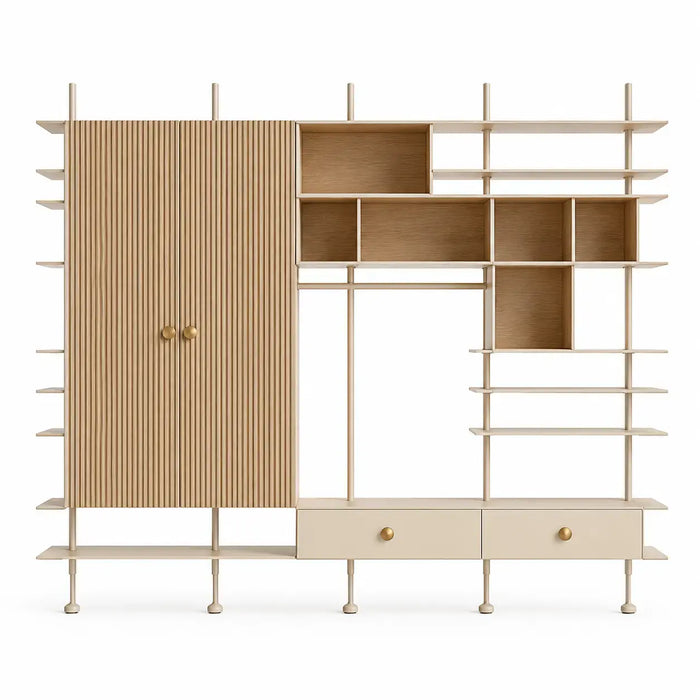 White and brown open-compartment wardrobe by Architrave and Abacus, showcasing modern design and ample storage space.