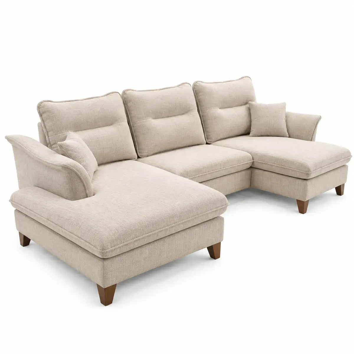 Beige L-shaped sofa with plush padded seat and backrest, modern design by Architraveandabacus, ideal for living rooms.