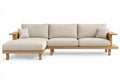 L-shaped beige and brown sofa with padded seat and backrest, featuring plush cushions for comfortable seating.