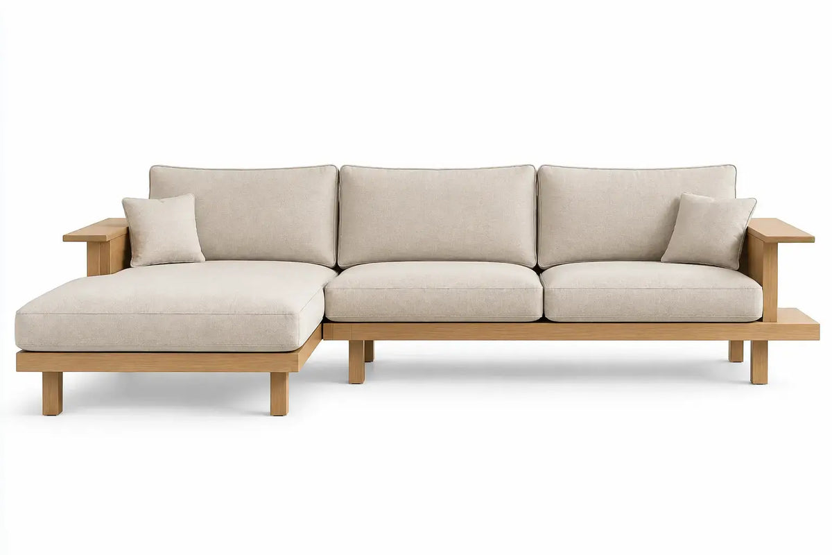 L-shaped beige and brown sofa with padded seat and backrest, featuring plush cushions for comfortable seating.