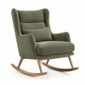 Green and brown padded rocking chair with cushioned seat and backrest, designed for comfort and relaxation.