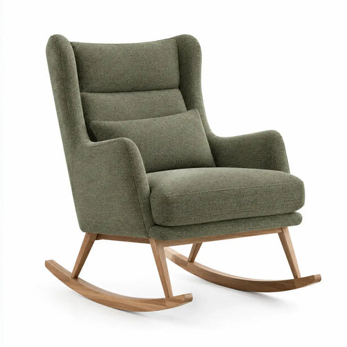 Green and brown padded rocking chair with cushioned seat and backrest, designed for comfort and relaxation.
