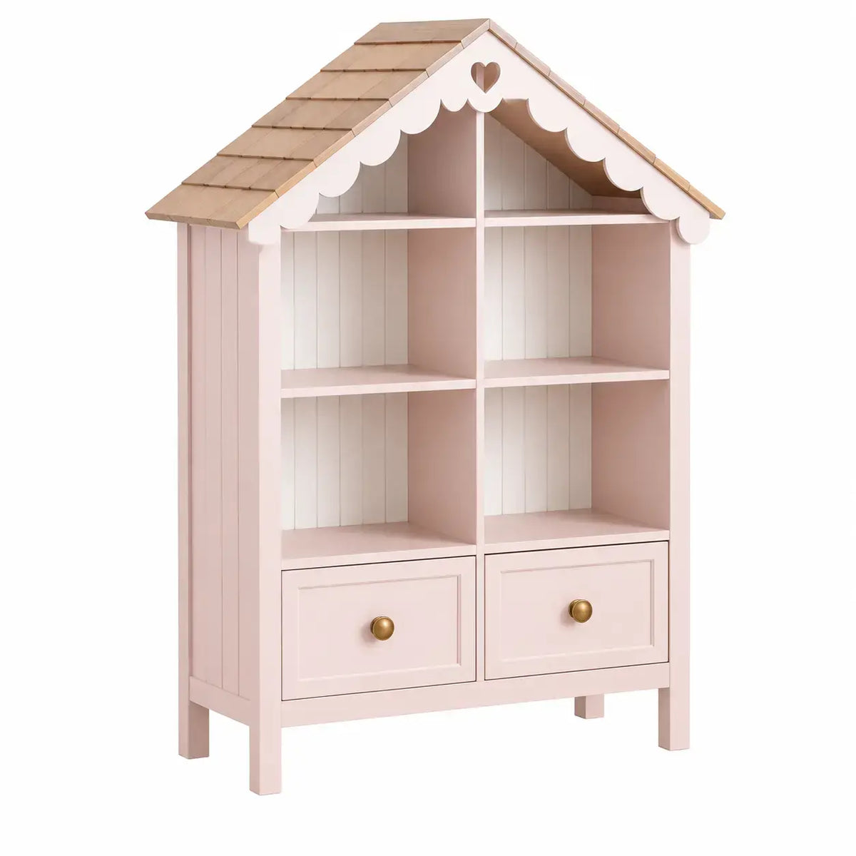 Pink house-shaped wall shelf by Architraveandabacus with a contoured design, ideal for decorative storage in living spaces.