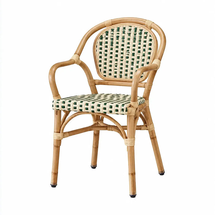 Architraveandabacus woven detail brown and green chair with intricate entrançados design, showcasing a stylish seating option.