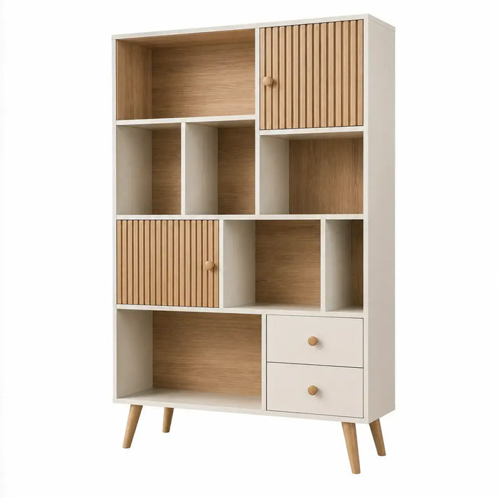 White and brown asymmetrical compartment bookshelf from Architraveandabacus, showcasing modern storage design