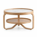 Round coffee table in white and brown from Architraveandabacus, featuring a modern design with a smooth wooden surface.