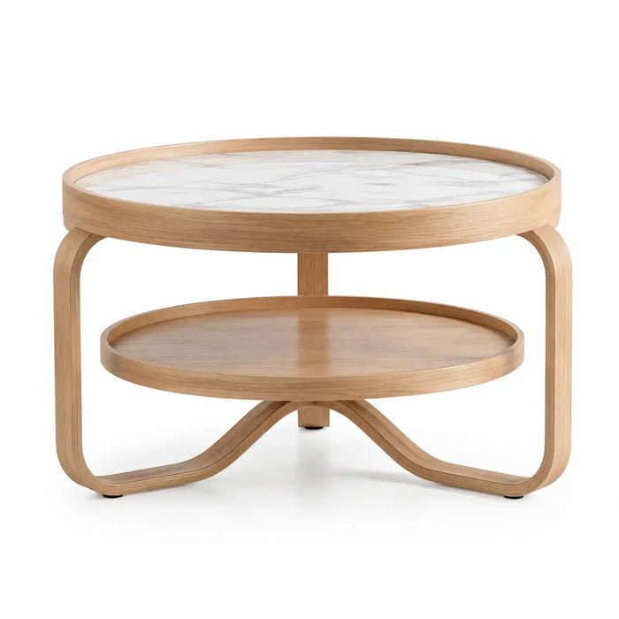 Round coffee table in white and brown from Architraveandabacus, featuring a modern design with a smooth wooden surface.