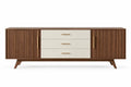 Modern white and brown TV stand with rippled wood details, designed by architraveandabacus, for stylish living room storage.