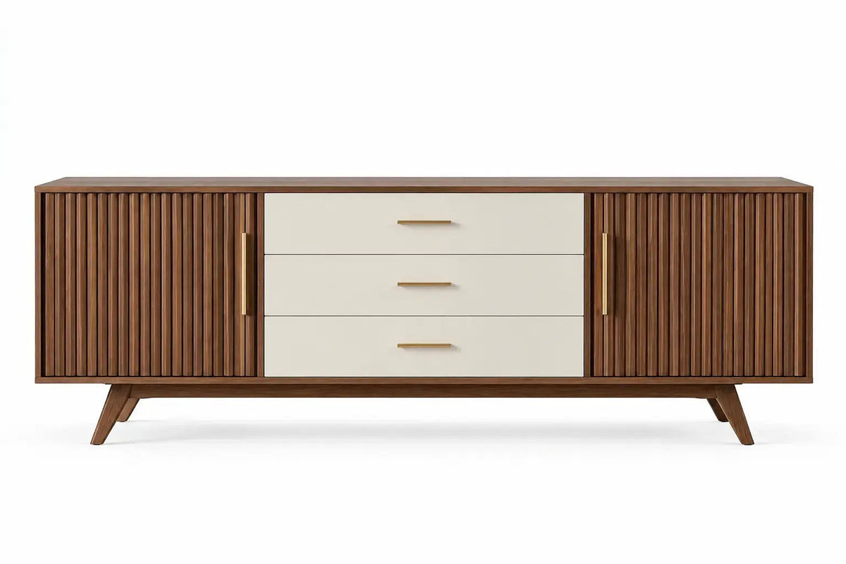 Modern white and brown TV stand with rippled wood details, designed by architraveandabacus, for stylish living room storage.
