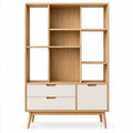 White and brown storage shelf with drawers from Architrave and Abacus, featuring a modern design and multiple storage compartments.