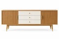 White and brown rippled wooden sideboard by Architraveandabacus with sleek, modern design and detailed wood accents.