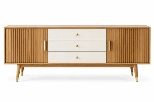 White and brown rippled wooden sideboard by Architraveandabacus with sleek, modern design and detailed wood accents.
