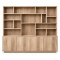 Wooden bookshelf with doors in a warm brown finish from Architraveandabacus, showcasing a modern storage solution.