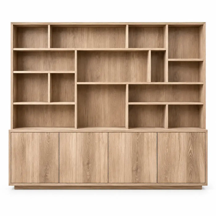 Wooden bookshelf with doors in a warm brown finish from Architraveandabacus, showcasing a modern storage solution.