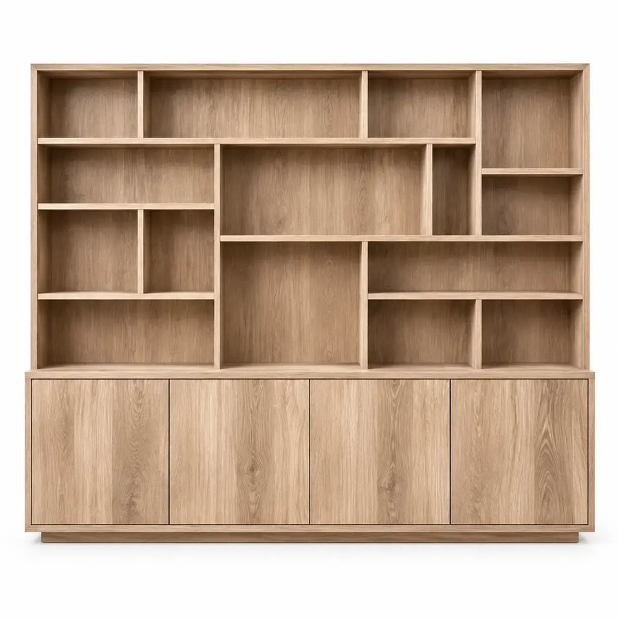 Wooden bookshelf with doors in a warm brown finish from Architraveandabacus, showcasing a modern storage solution.
