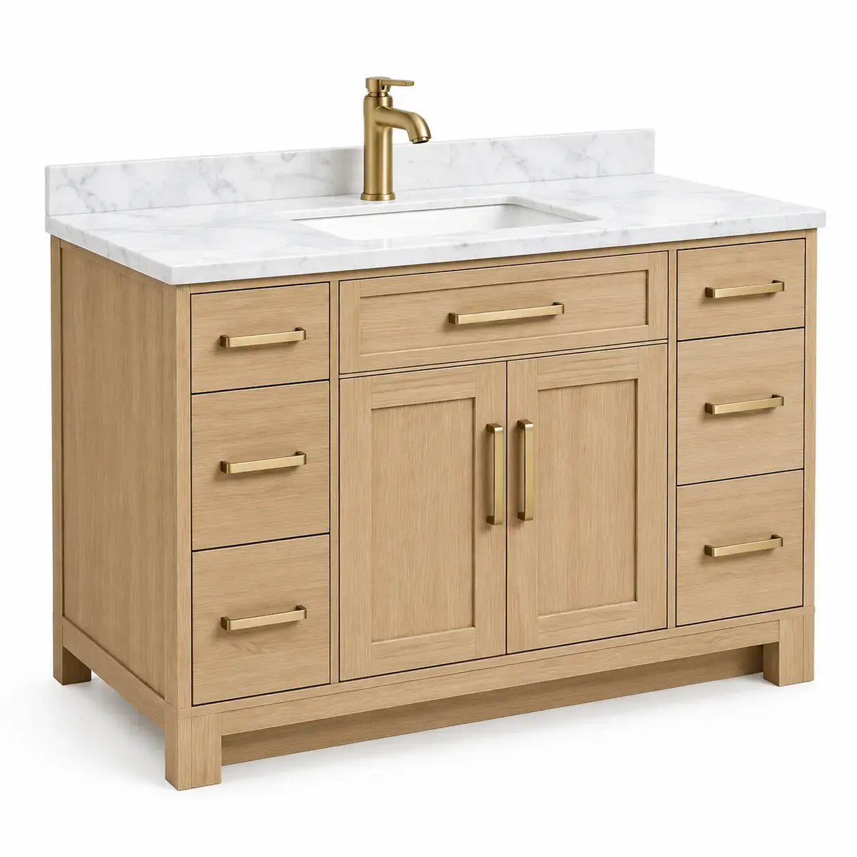 Bathroom cabinet with sink and drawers in brown and white, from Architraveandabacus, shown in a modern bathroom setting.