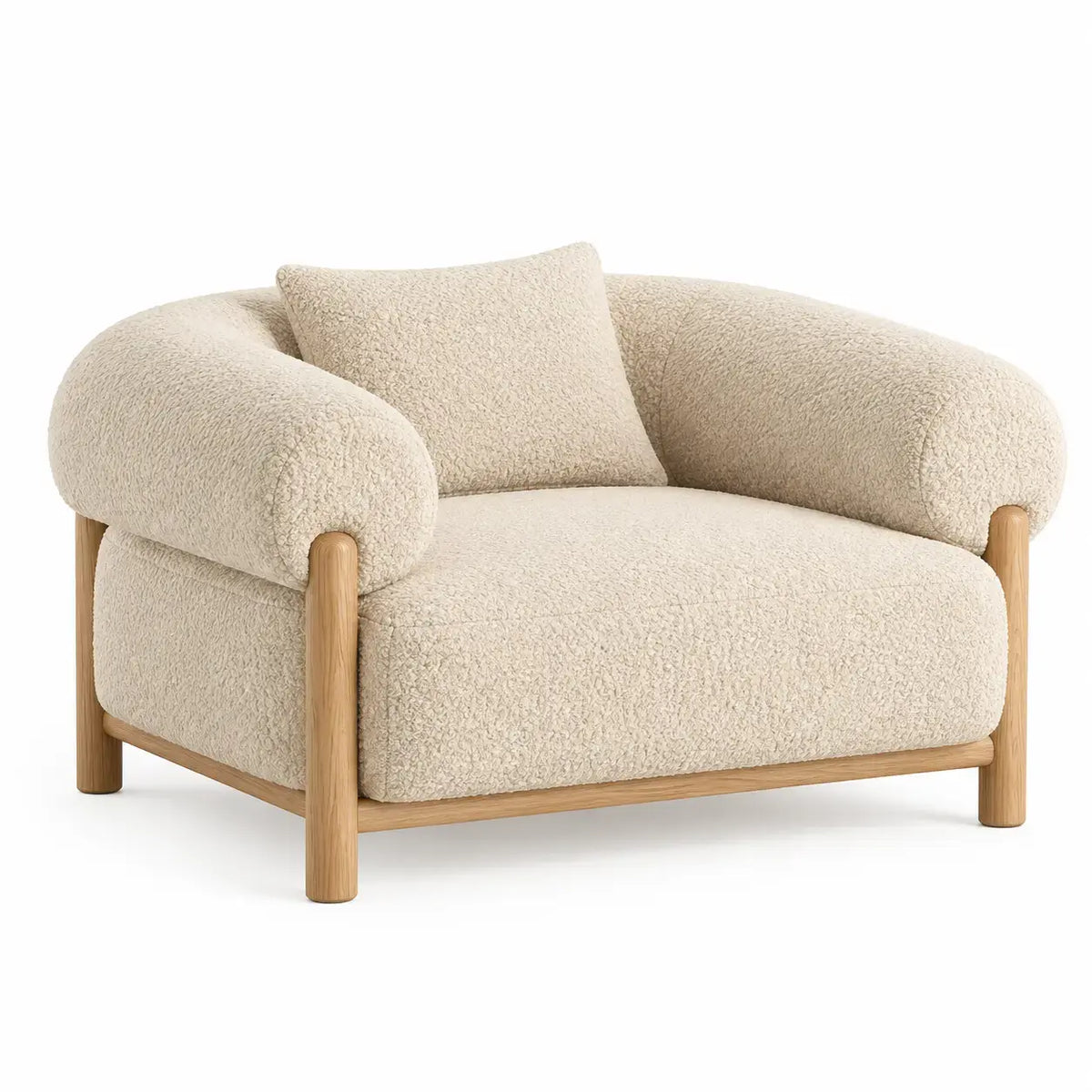 Curved beige and brown armchair from ArchitraveandAbacus, showcasing a stylish design with smooth lines and plush upholstery.