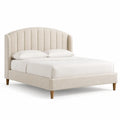 Beige bed frame with vertical stitched headboard from Architraveandabacus, showcasing sleek and modern bedroom furniture design.
