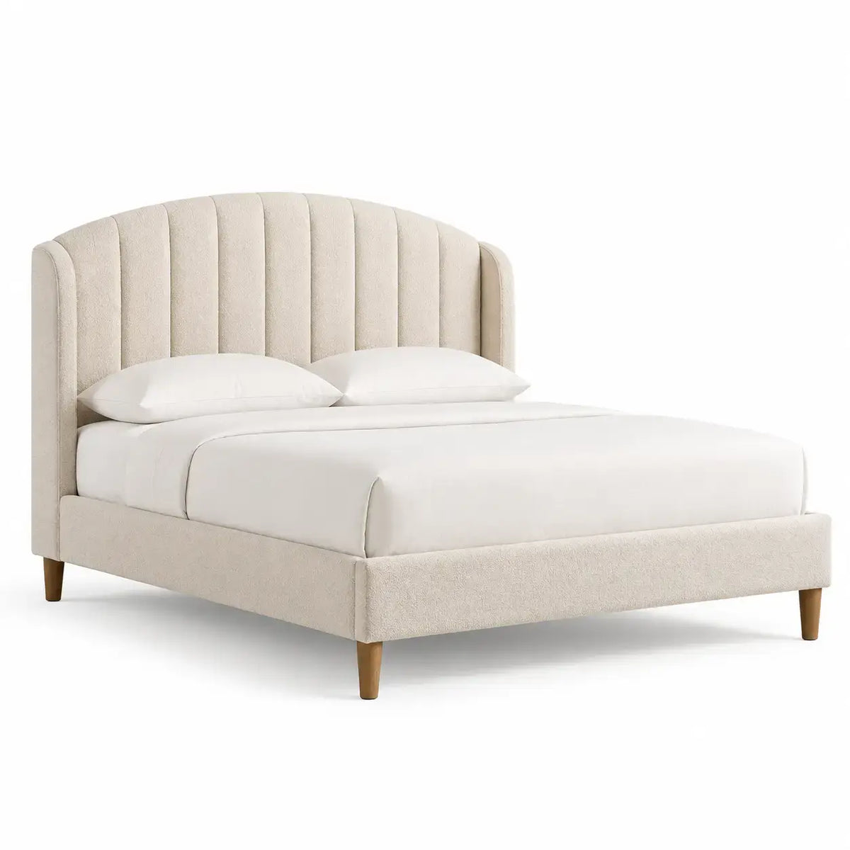 Beige bed frame with vertical stitched headboard from Architraveandabacus, showcasing sleek and modern bedroom furniture design.
