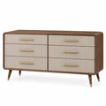 Beige and brown wooden chest of drawers from Architrave and Abacus with multiple storage drawers.