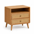 Small support table with woven detail in castanho wood finish, ideal as a decorative side table from Architraveandabacus.