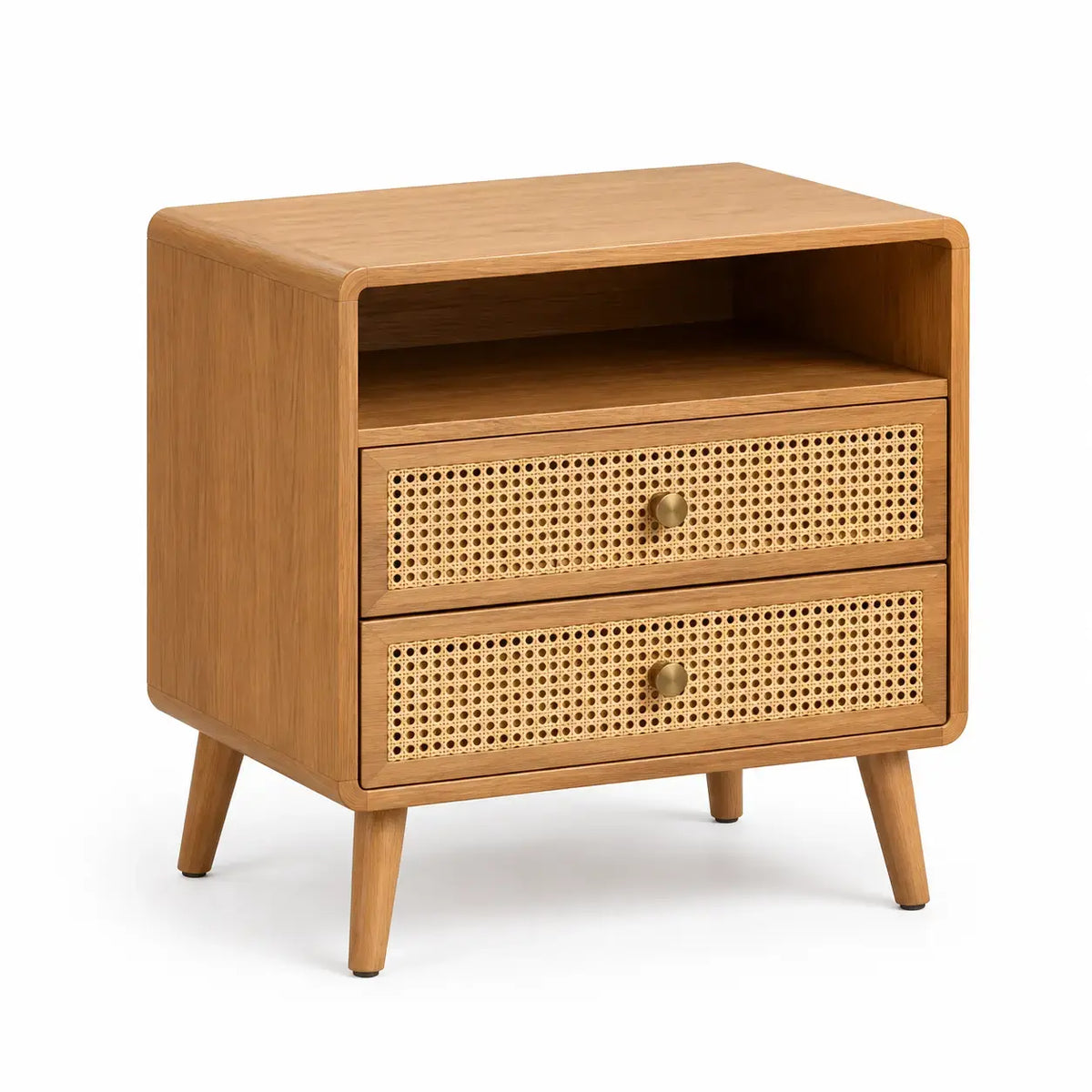 Small support table with woven detail in castanho wood finish, ideal as a decorative side table from Architraveandabacus.