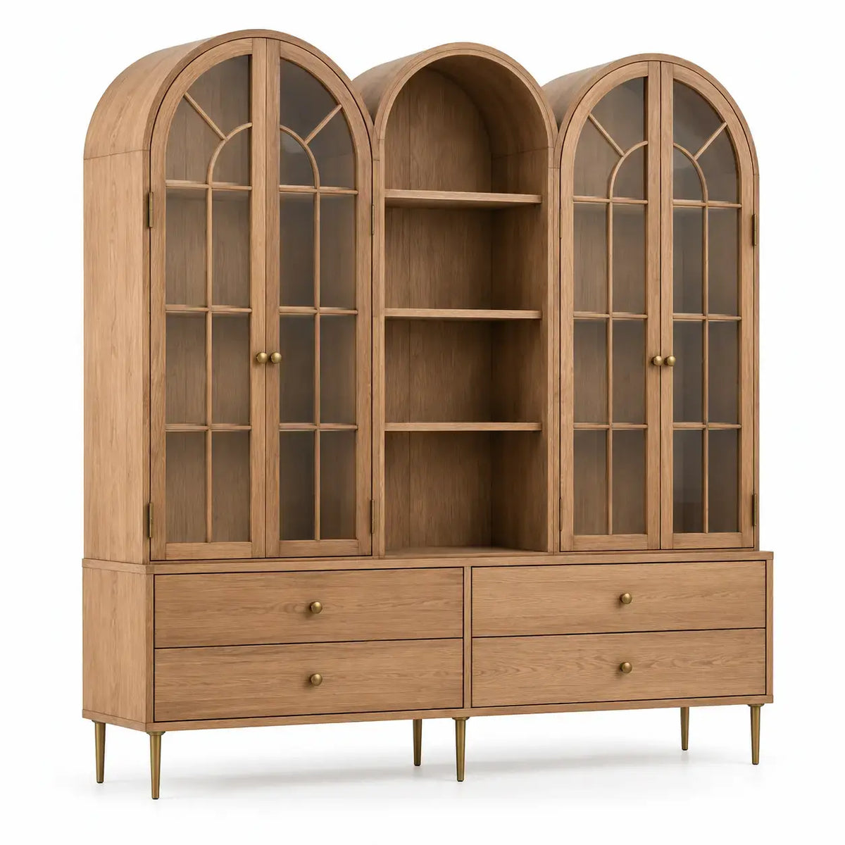 Elegant castanho cristaleira with arched glass elements and wooden frame, showcasing a stylish display cabinet for dining or living rooms.