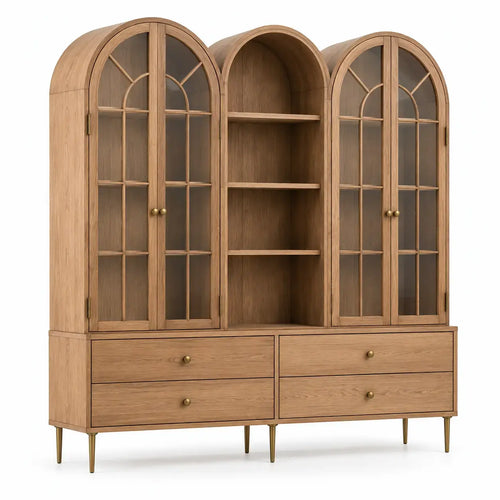 Elegant castanho cristaleira with arched glass elements and wooden frame, showcasing a stylish display cabinet for dining or living rooms.