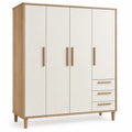 White and brown wooden wardrobe with drawers from Architrave and Abacus, featuring a modern design and multiple storage compartments.