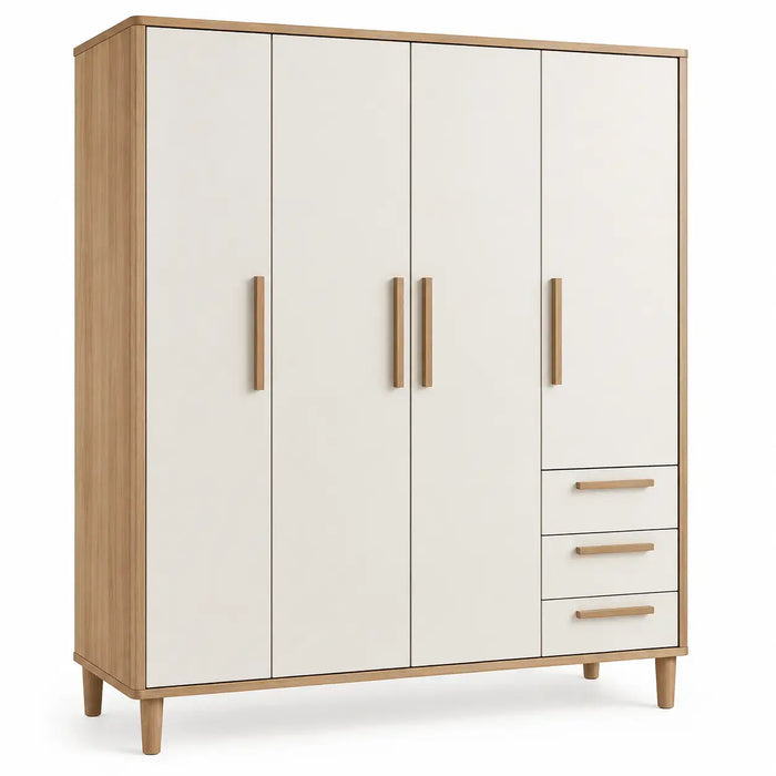 White and brown wooden wardrobe with drawers from Architrave and Abacus, featuring a modern design and multiple storage compartments.