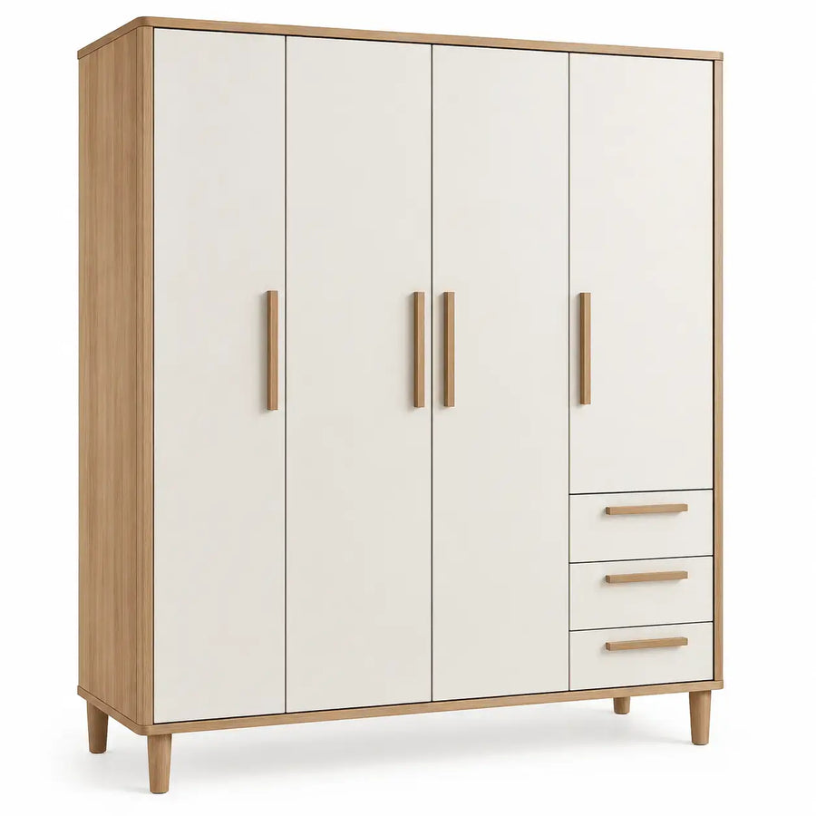 White and brown wooden wardrobe with drawers from Architrave and Abacus, featuring a modern design and multiple storage compartments.