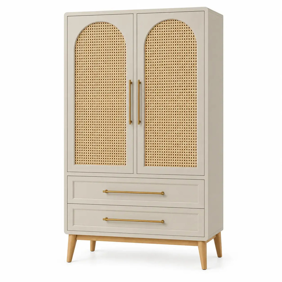 White and brown wardrobe with interwoven detail from Architraveandabacus, showing the front view of the stylish storage unit.