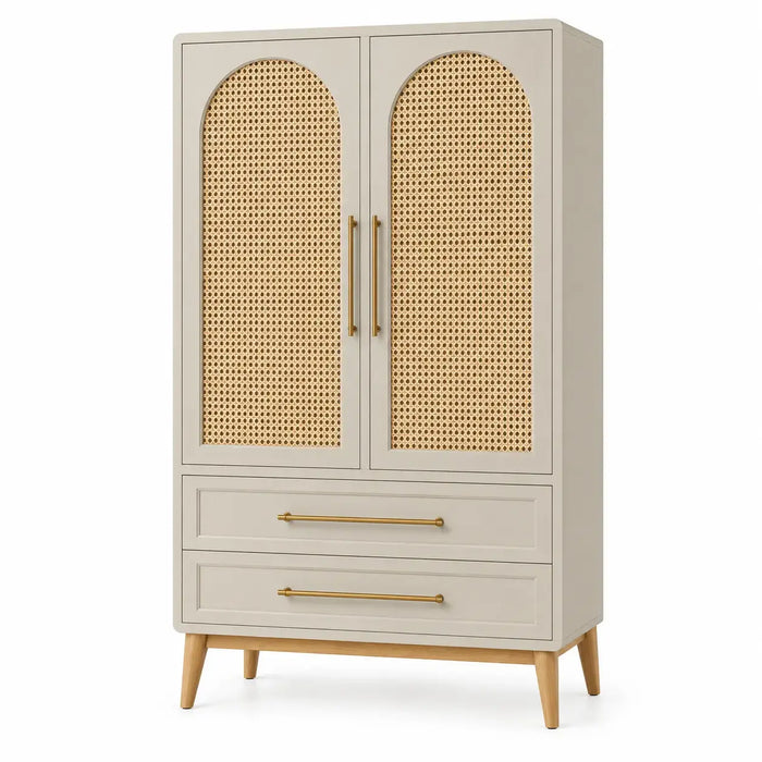 White and brown wardrobe with interwoven detail from Architraveandabacus, showing the front view of the stylish storage unit.