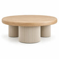 Round coffee table in warm castanho wood, modern design by Architrave and Abacus, perfect for living room decor.