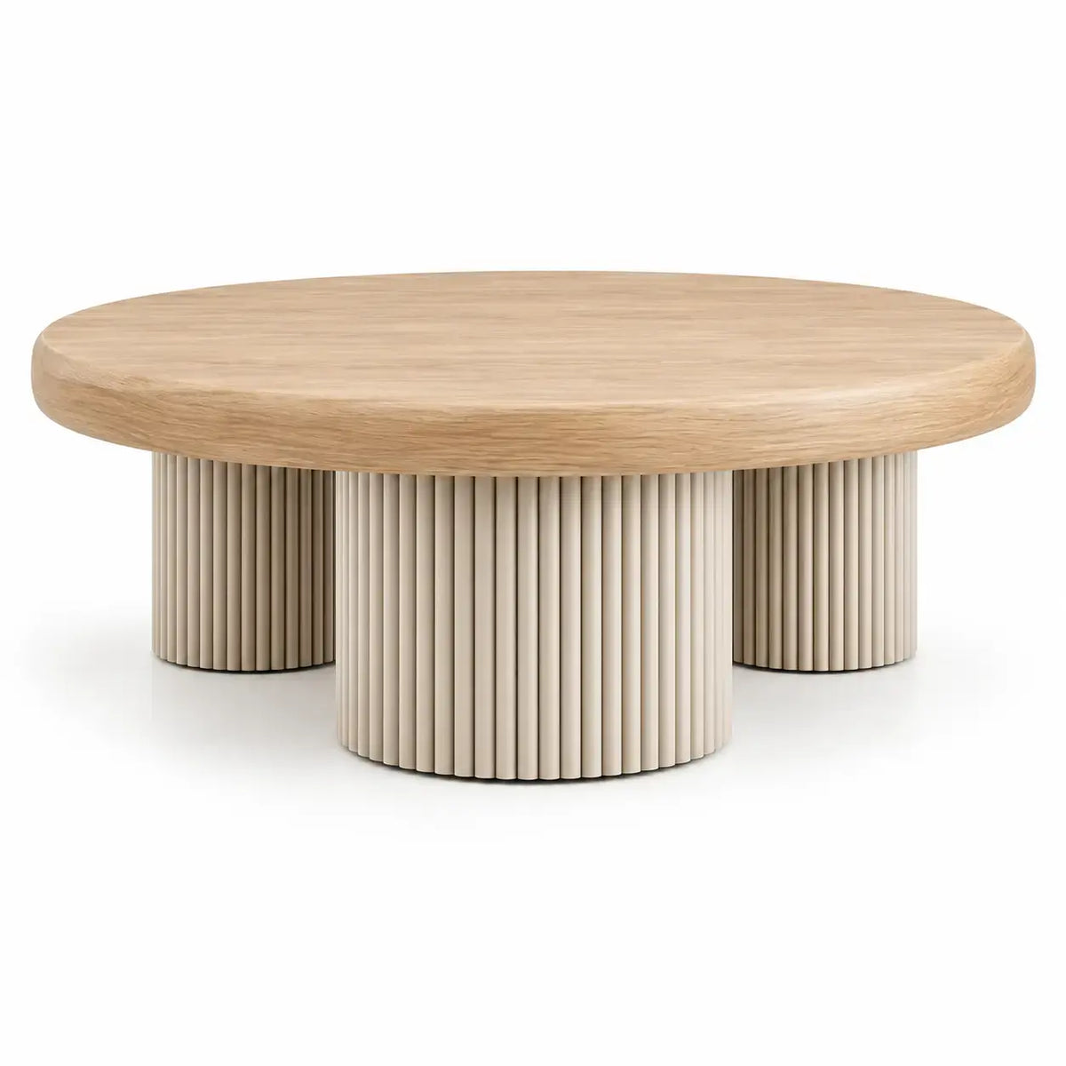 Round coffee table in warm castanho wood, modern design by Architrave and Abacus, perfect for living room decor.