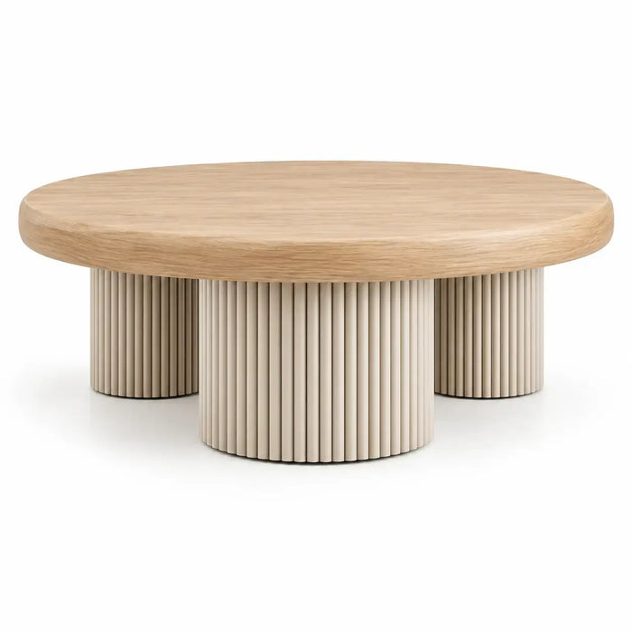 Round coffee table in warm castanho wood, modern design by Architrave and Abacus, perfect for living room decor.